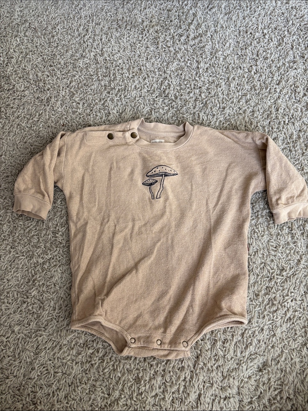 Neutral Mushroom Embroidered Long-Sleeve Baby One-Piece